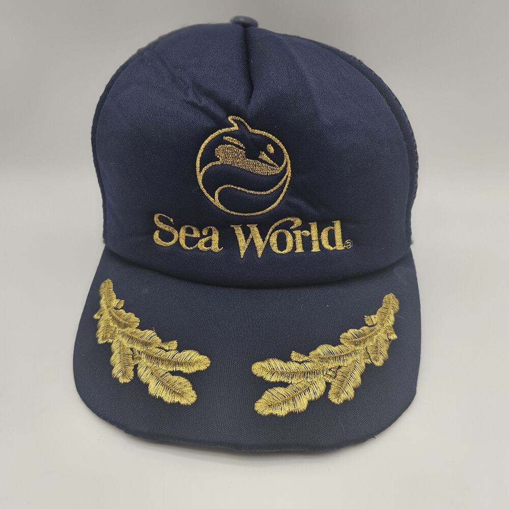 Vintage Sea World Hat Cap Snap Back Navy Blue‎ Mesh Embroidered Trucker Mens 90s